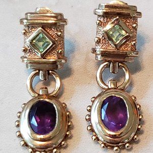 Sterling Silver Gold Vermeil Peridot and Amethyst Post Earrings